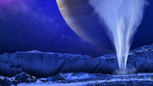 Künstlerische Darstellung der Geysire auf dem Mond Europa (im Hintergrund der Jupiter) (Bild: NASA/ESA/K. Retherford/SWRI)