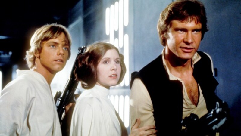 Luke Skywalker Mark Hamill, Prinzessin Leia Organa Carrie Fisher und Han Solo Harrison Ford (Bild: Moviestore Collection/face to fa)