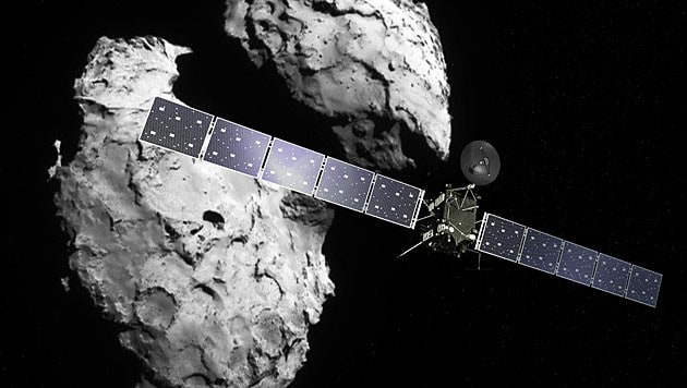 „Rosetta“ vor „Tschuri“ (Bild: ESA/ATG medialab, ESA/Rosetta/Navcam)