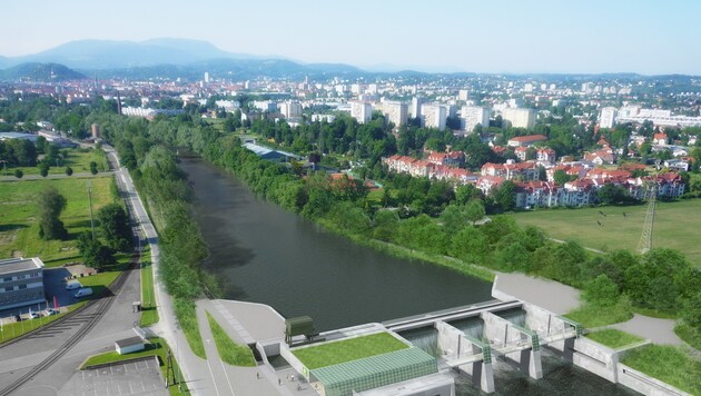Investitionskosten gesenkt, Investor da, Landesspitze dafür â013 Baustart für Murkraftwerk wohl heuer. (Bild: Stadt Graz)