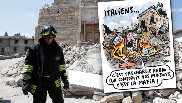 Eine der "Charlie Hebdo"-Karikaturen, die in Amatrice und ganz Italien für Aufregung sorgen (Bild: AP/Antonio Calanni, Charlie Hebdo)