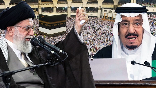 Irans Ayatollah Khamenei (li.) wettert gegen den "verfluchten" saudi-arabischen König Salman. (Bild: APA/AFP/AHMAD GHARABLI, APA/SPA/STR, AFP)