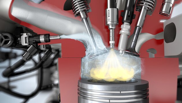 Vvor Zündung des Kraftstoffs wird ein feiner Wassernebel in den Ansaugtrakt eingespritzt. (Bild: Bosch)