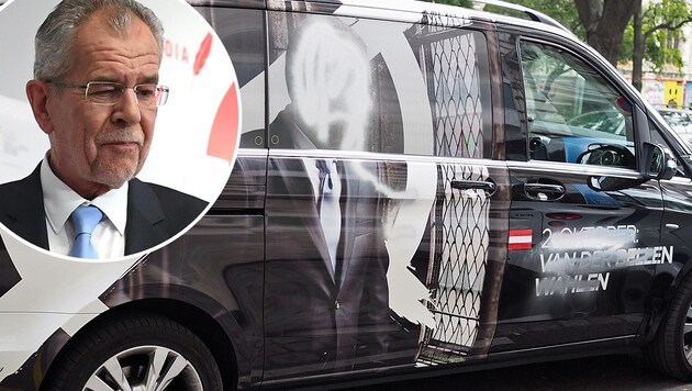 Ärger für Van der Bellen: Dieser für den Wahlkampf benötigte Kleinbus wurde verunstaltet. (Bild: APA/HELMUT FOHRINGER, Team Van der Bellen)