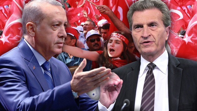 EU-Kommissar Oettinger (re. im Bild): "Kein EU-Beitritt unter Erdogan!" (Bild: AP, EPA, AFP/ADEM ALTAN)
