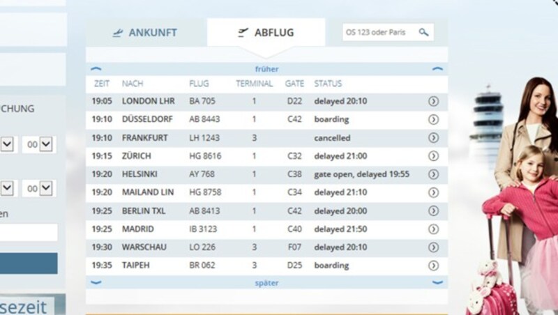 Zahlreiche Flügen verspäteten sich. (Bild: Screenshot www.viennaairport.com)