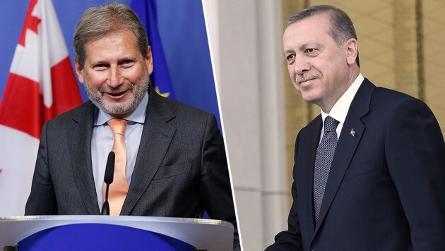 Die Aussagen von EU-Kommissar Hahn werden den türkischen Präsidenten Erdogan nicht erfreuen. (Bild: APA/EPA/LAURENT DUBRULE, APA/AFP/ADEM ALTAN)