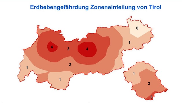 Die Grafik der ZAMG zeigt, wo in Tirol die Erdbebengefahr am größten ist (Bild: ZAMG)