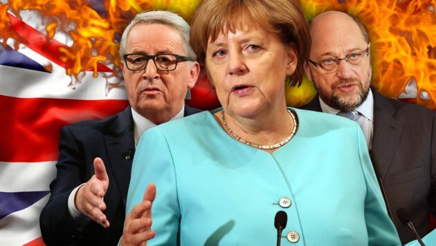 EU-Kommissionschef Juncker, Kanzlerin Merkel, EU-Parlamentspräsident Schulz (Bild: thinkstockphotos.de, AP/How Hwee Young, AP, AFP/PATRICK HERTZOG)