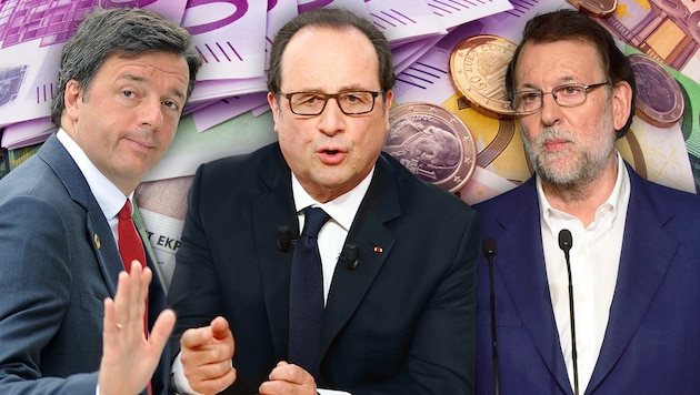 Krise im Land: Matteo Renzi (Italien), Francois Hollande (Frankreich) und Mariano Rajoy (Spanien) (Bild: thinkstockphotos.de, AP/Alik Keplicz, AFP)