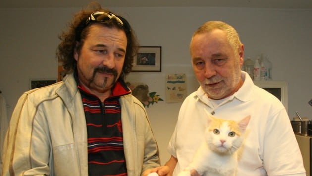 "Felix" nach dem Schussattentat 2012 mit Besitzer Kurt Petritsch und Tierarzt Simon Knafl. (Bild: Klaus Kreuzer)