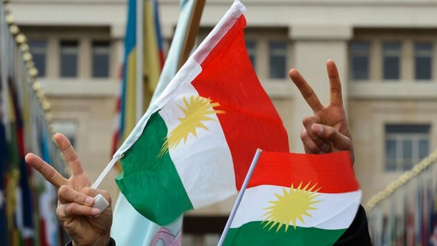 Kurdische Flaggen während einer Kundgebung (Bild: APA/AFP/Fabrice Coffrini (Symbolbild))