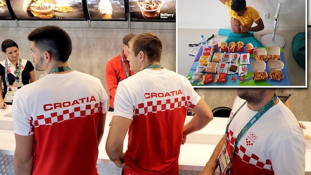 Die kroatischen Handball-Herren in der McDonald's-Filiale im Olympischen Dorf (Bild: AP, facebook.com)