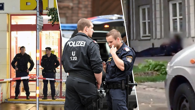 Ein Polizist (rechts im Bild) wurde bei dem Überfall in Bauch und Oberschenkel getroffen. (Bild: APA/HERBERT P. OCZERET, YouTube.com)