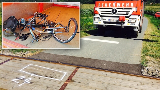 Eine Markierung zeigt, wo das Opfer nach dem Sturz liegen blieb. Das E-Bike wurde völlig zerstört. (Bild: Christian Schulter)