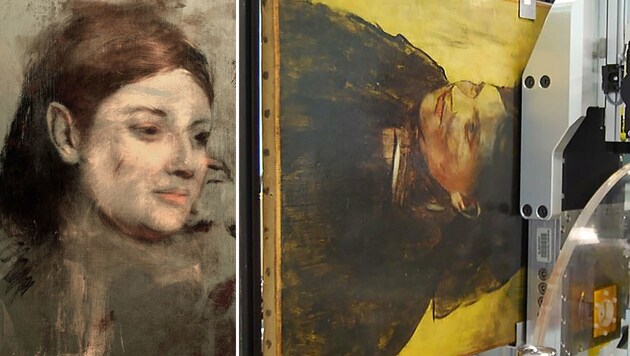 Das übermalte Porträt (links) unter dem Degas-Bild "Porträt einer Frau" (rechts) (Bild: AP, APA/AFP/Nature/David Thurrowgood)