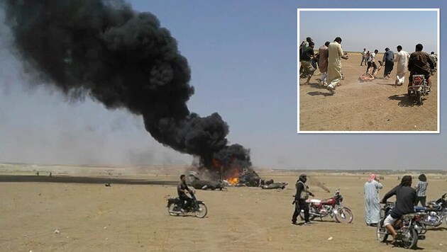 Auf Twitter wurden diese Bilder vom brennenden Wrack und einer Leiche gepostet. (Bild: twitter.com/Terror Monitor)