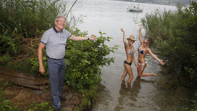 Peter Kaiser freut sich mit Olivia und Valentina über den Seezugang bei Saag (Bild: Kronenzeitung)