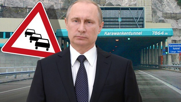 Tunnelsperre für den russischen Präsidenten Wladimir Putin (Bild: APA/AFP/Sputnik/ALEKSEY NIKOLSKYI, Wikipedia.com/Ed88)
