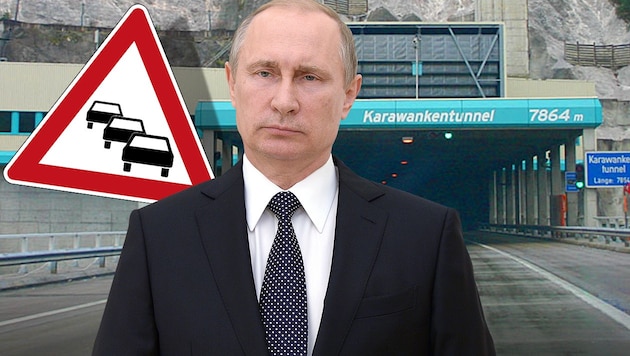 Tunnelsperre für den russischen Präsidenten Wladimir Putin (Bild: APA/AFP/Sputnik/ALEKSEY NIKOLSKYI, Wikipedia.com/Ed88)
