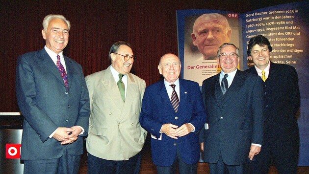 Fünf Ex-ORF-Chefs auf einen Fleck: Oberhammer, Podgorski, Bacher, Weis und Zeiler im Jahr 2000 (Bild: ORF/Ali Schafler)