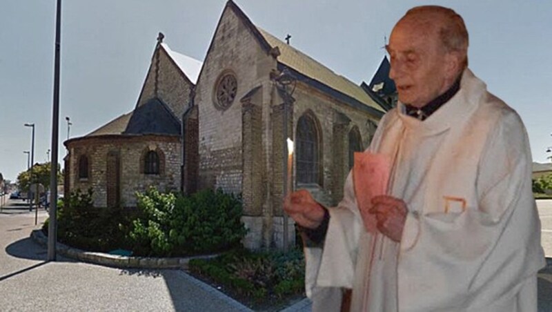 Saint-Etienne-du-Rouvray: Beim Anschlag in der Kirche wurde dem Priester die Kehle durchgeschnitten. (Bild: twitter.com, maps.google.com)