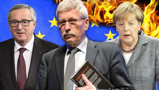 EU-Kommissionschef Jean-Claude Juncker, Autor Thilo Sarrazin, Kanzlerin Angela Merkel (v.l.) (Bild: thinkstockphotos.de, APA/AFP/L. Venance, dpa, APA/EPA/W. Kumm)