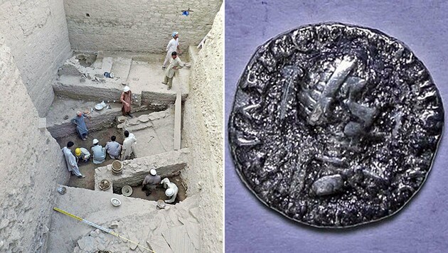 Eine der bei den Grabungen (links) in Bazira gefundenen Münzen (rechts) (Bild: Dawn, Italian Archaeological Mission in Swat)