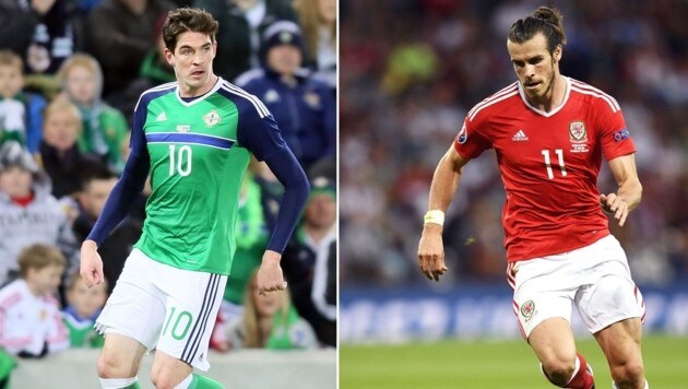 Nordirland-Stürmer Kyle Lafferty (links) und Wales-Superstar Gareth Bale (Bild: APA/AFP/MARTIN BUREAU/PAUL FAITH)