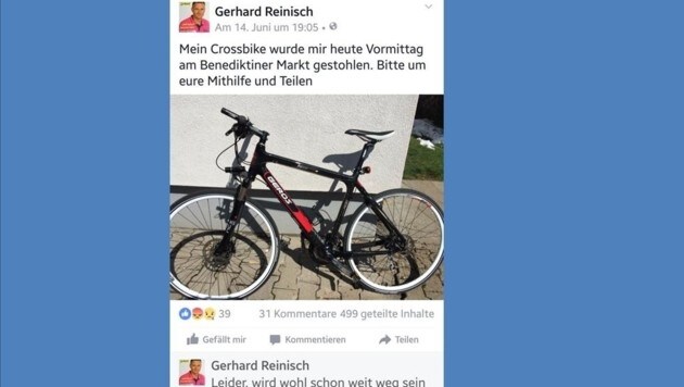 "Wer mein Fahrrad sieht, bitte melden", appelliert Reinisch (Bild: Gerhard Reinisch)