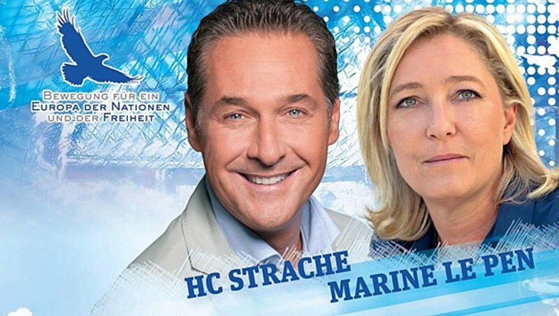 Heinz-Christian Strache mit Marine Le Pen auf einem Werbeplakat der FPÖ (Bild: Twitter.com)