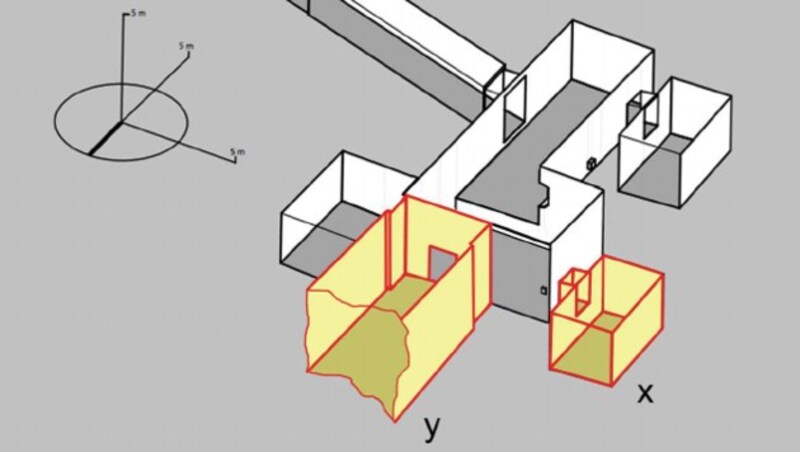 Die zwei von Nicholas Reeves vermuteten Kammern (x und y) (Bild: © Theban Mapping Project)