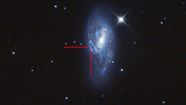 Messier 66 mit der Ende Mai entdeckten Supernova (Bild: Terry Hancock/www.downunderobservatory.com)
