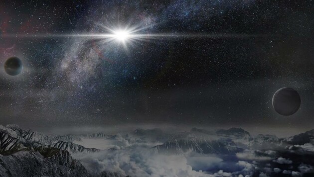 So würde ASASSN-15lh am Himmel eines Exoplaneten strahlen, der "nur" 10.000 Lichtjahre entfernt ist. (Bild: Beijing Planetarium/Jin Ma)