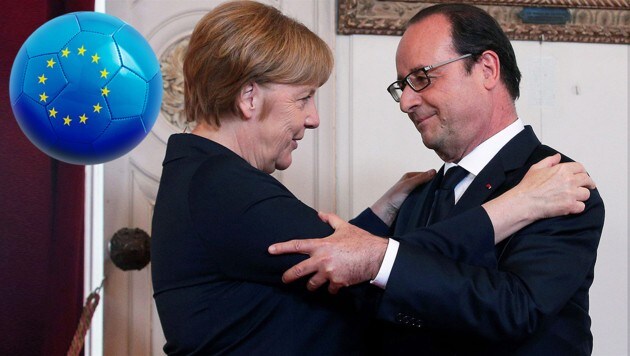 Angela Merkel und François Hollande – darf einer von beiden über den EM-Titel für sein Land jubeln? (Bild: thinkstockphotos.de, APA/AFP/POOL/THIBAULT CAMUS)