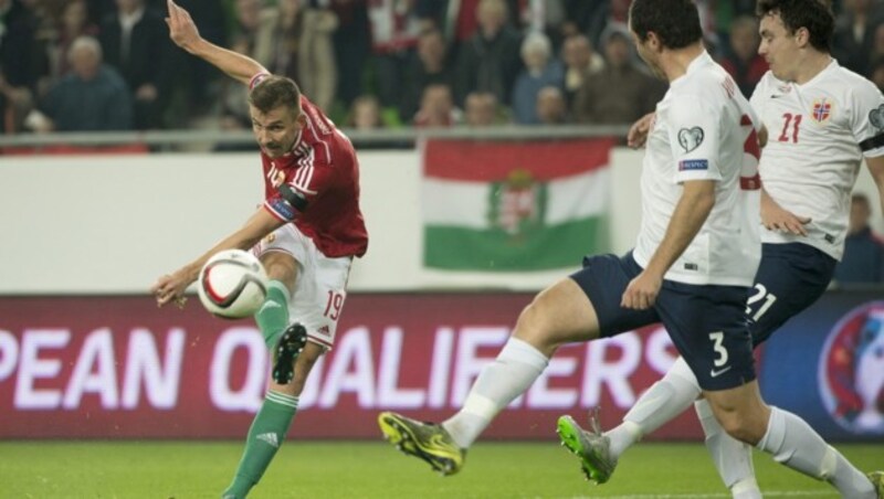 Tamas Priskin beim Schuss zum 1:0 für Ungarn (Bild: APA/EPA/Szilard Koszticsak)