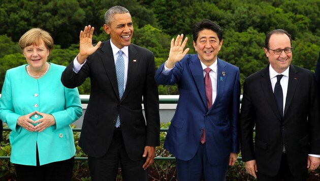 G7-Gipfel: Angela Merkel, Barack Obama, Shinzo Abe, Francois Hollande (v.l.) (Bild: APA/AFP/POOL/JAPAN POOL)