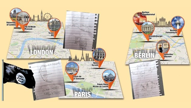 Die Skizzen der Pläne für Anschläge in Berlin, London und Paris (Bild: Kronen Zeitung)
