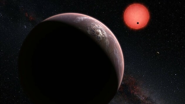 Künstlerische Darstellung: Der Zwergstern TRAPPIST-1 und drei seiner Planeten (Bild: ESO/M. Kornmesser/N. Risinger (skysurvey.org))