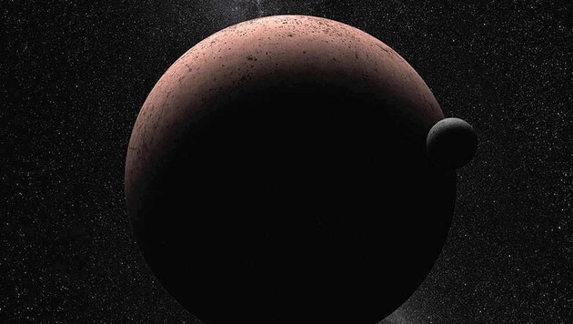 Künstlerische Illustration: Mond MK 2 vor dem Zwergplaneten Makemake (Bild: NASA, ESA und A. Parker (Southwest Research Institute))