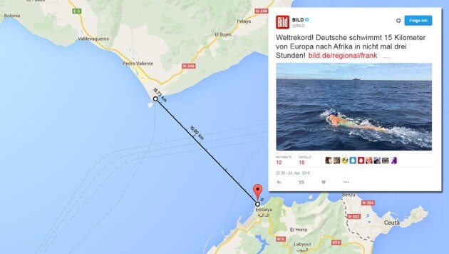 15 Kilometer liegen zwischen dem Startpunkt in Spanien und dem Ziel in Marokko. (Bild: maps.google.com, twitter.com/BILD)