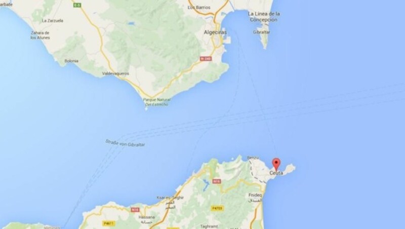 Ceuta liegt an der Meerenge von Gibraltar und gehört zur EU. (Bild: Screenshot Googlemaps)