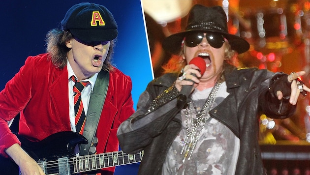 Angus Young (links) und Axl Rose (Bild: APA/EPA/Joel Carrett, Sepp Pail)