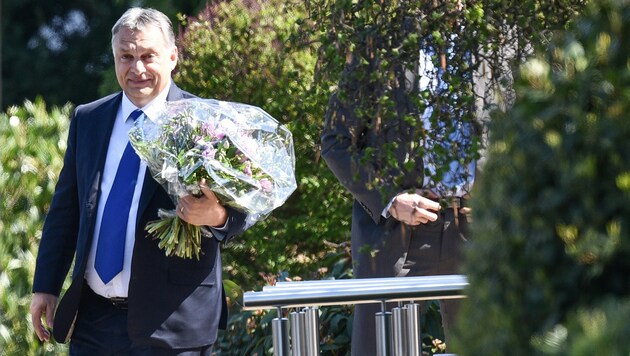 Ungarns Ministerpräsident Viktor Orban brachte einen Blumenstrauß mit. (Bild: APA/dpa/Uwe Anspach)