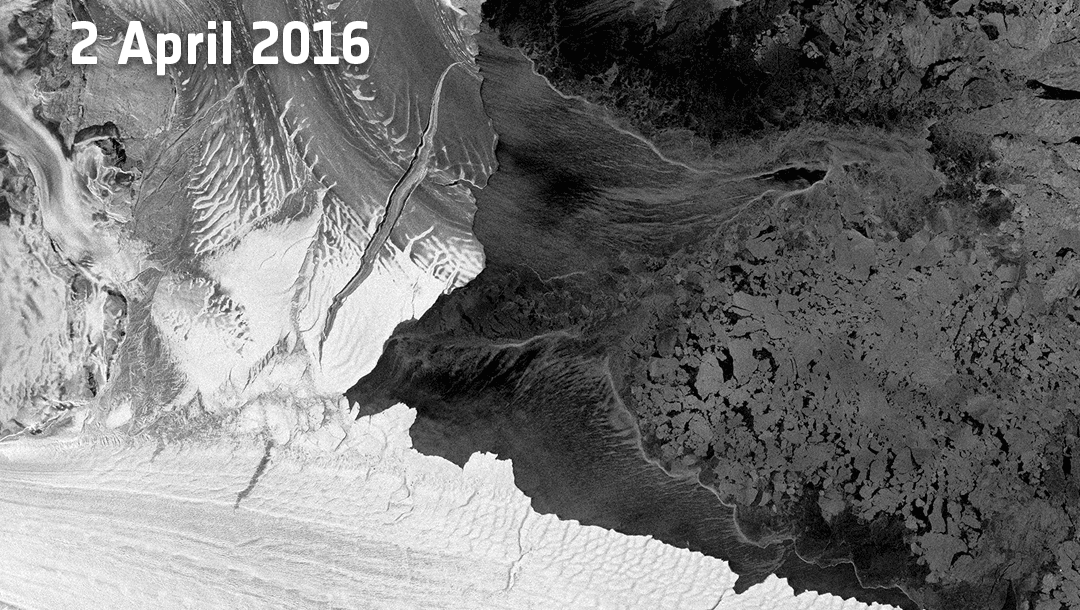Die Nansen-Eistafel vor und nach dem "Kalben" der Eisberge (Bild: ESA)