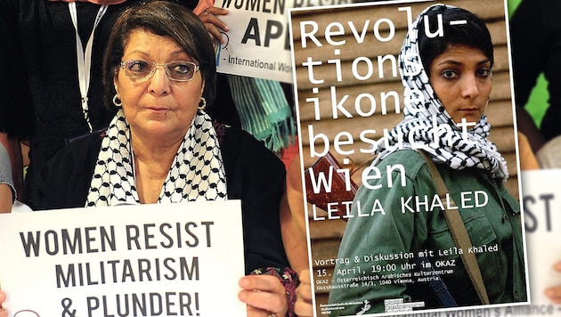 Leila Khaled (72) in Manila (li.) und als junge Frau am Werbeplakat für den Auftritt in Wien. (Bild: Krone, APA/AFP/JAY DIRECTO 1)