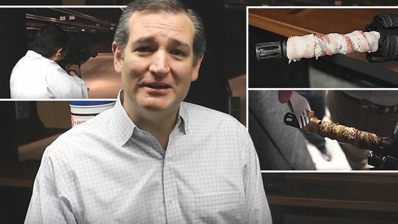 In einem TV-Spot erklärt Cruz, wie er den Frühstücksspeck mit einem Maschinengewehr zubereitet. (Bild: YouTube.com)