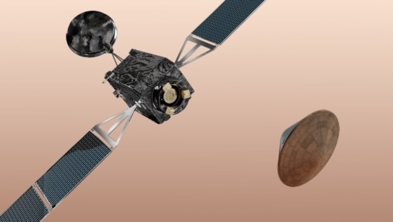 Der "Trace Gas Orbiter" und das Testmodul "Schiaparelli" (rechts) (Bild: ESA/AOES Medialab)