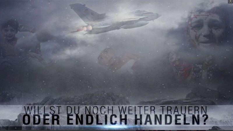 IS-Propaganda: Deutscher Kampfjet am Himmel über verletzten und traurigen Kindern (Bild: Twitter.com/SITE)