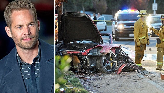 Paul Walker (l.) und der Unfallwagen (Bild: AP)